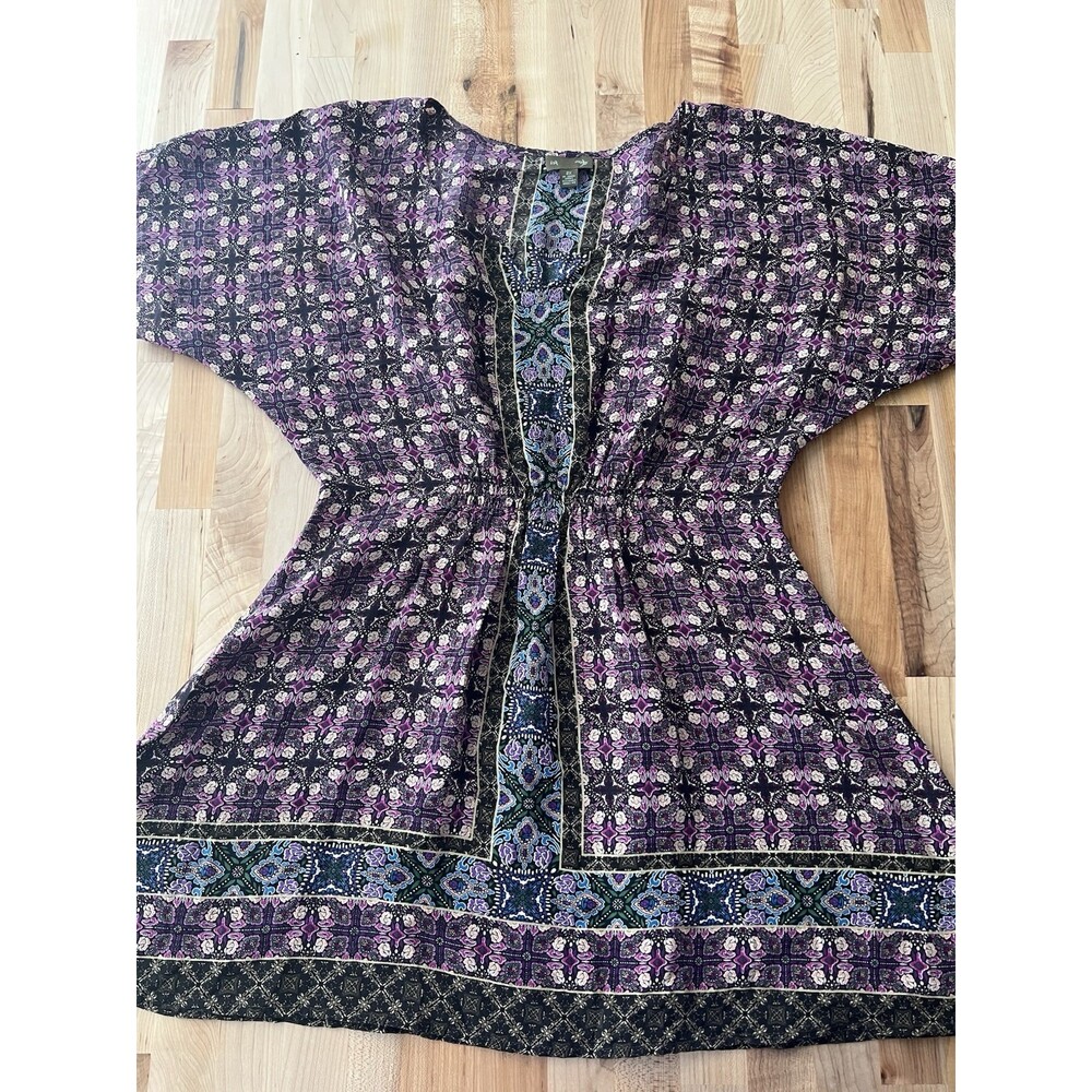Fei 100% Silk Short Sleeve Top Tunic V Neck Fit & Flare Bohemian Size XS